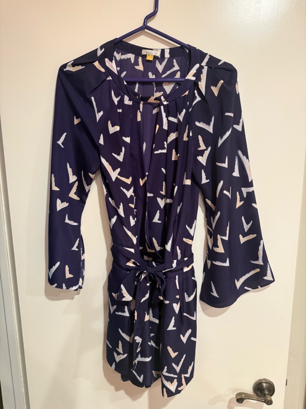 Purple & Cream Patterned Tie-Waist Blouse